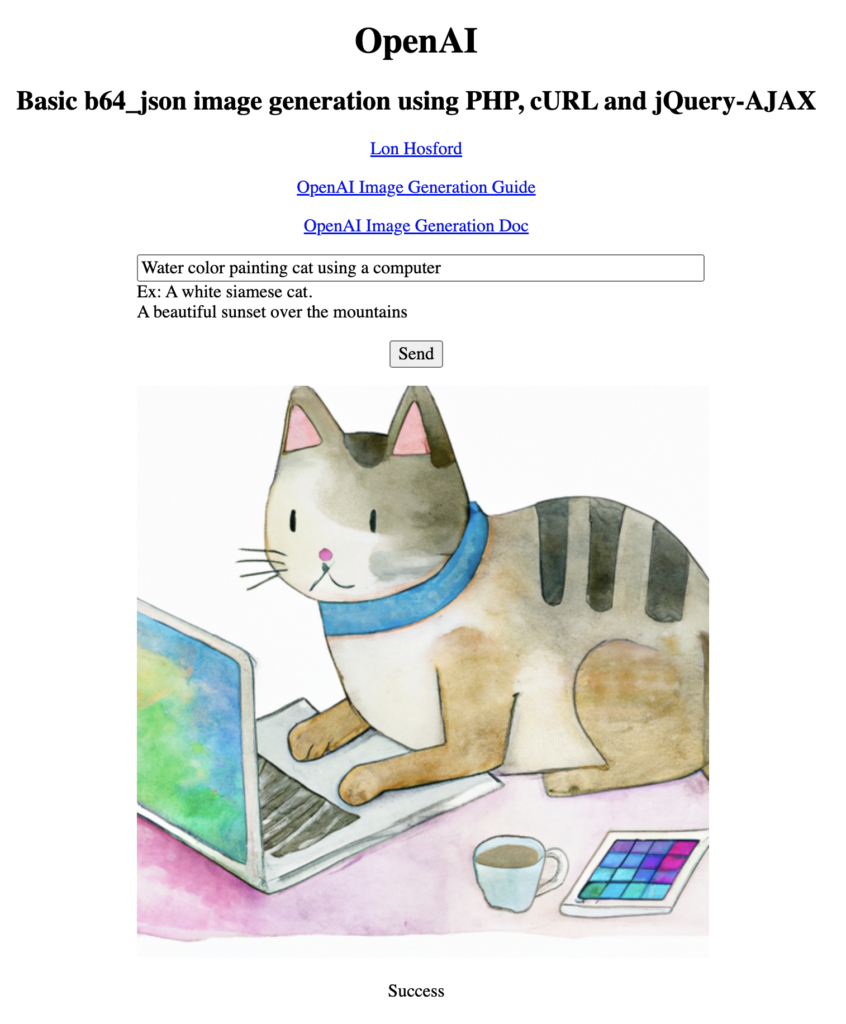 Web user interface for the example to fetch BASE64 image from the DALL-E image API