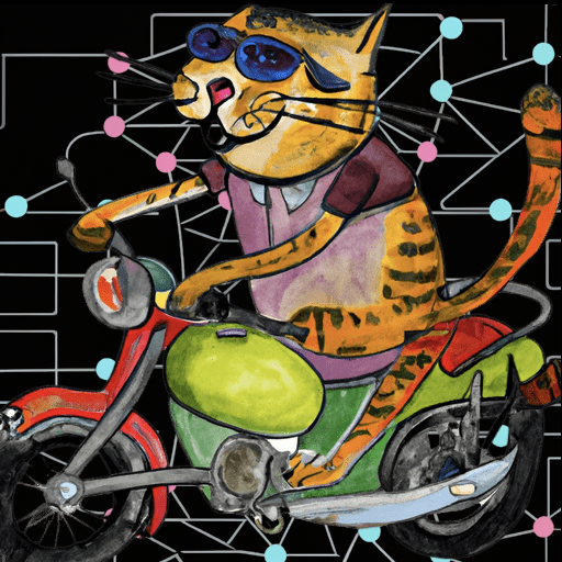 Cat riding motorcycle over neural net diagram